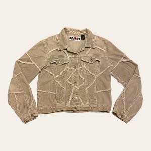 Y2K Beige Corduroy Button-Up Jacket with Frayed Accents